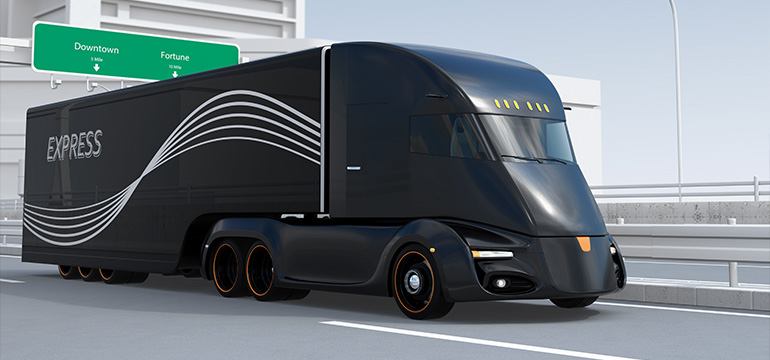 Vizualizácia čierneho autonómneho elektrického kamióna na diaľnici