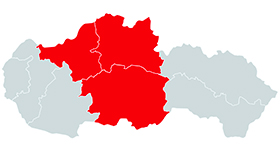 Mapa Slovenska s vyznačenými krajmi: Trenčiansky, Žilinský, Banskobystrický. Vytvorené pomocou mapchart.net
