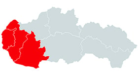 Mapa Slovenska s vyznačenými krajmi: Bratislavský, Trnavský, Nitriansky. Vytvorené pomocou mapchart.net