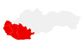 Mapa Slovenska s vyznačenými kraji: Bratislavský, Nitrianský, Trnavský. Vytvořeno pomocí mapchart.net