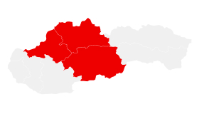 Mapa Slovenska s vyznačenými krajmi: Žilinský, Trenčianský, Banskobystrický. Vytvorené pomocou mapchart.net