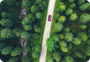 Pohľad zhora na automobil prechádzajúci lesom