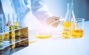 Výskumník analyzuje olej pomocou pipety a Petriho misky