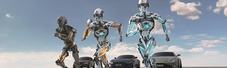 Traja roboti RobotQuartz sa rozbiehajú od automobilov v pozadí