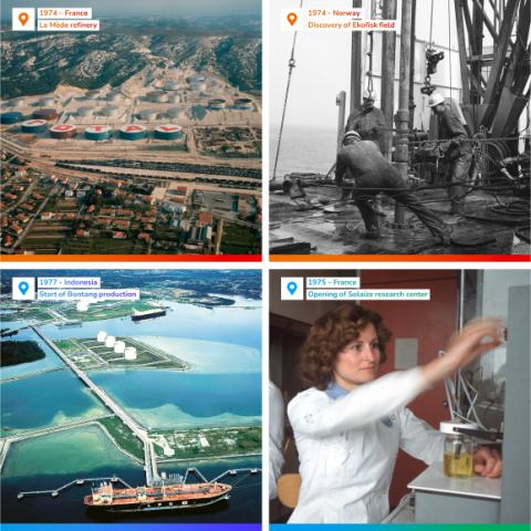História Totalenergies, koláž, 70. roky, Francúzsko, Nórsko, Indonézia, výskumné centrum, rafinérie, ťažba ropy, história